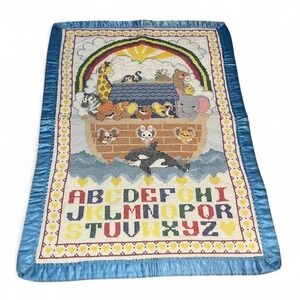 Vintage Noah's Ark Cross-Stitch Baby Nursery Blanket Blue Satin Trim 40x28"